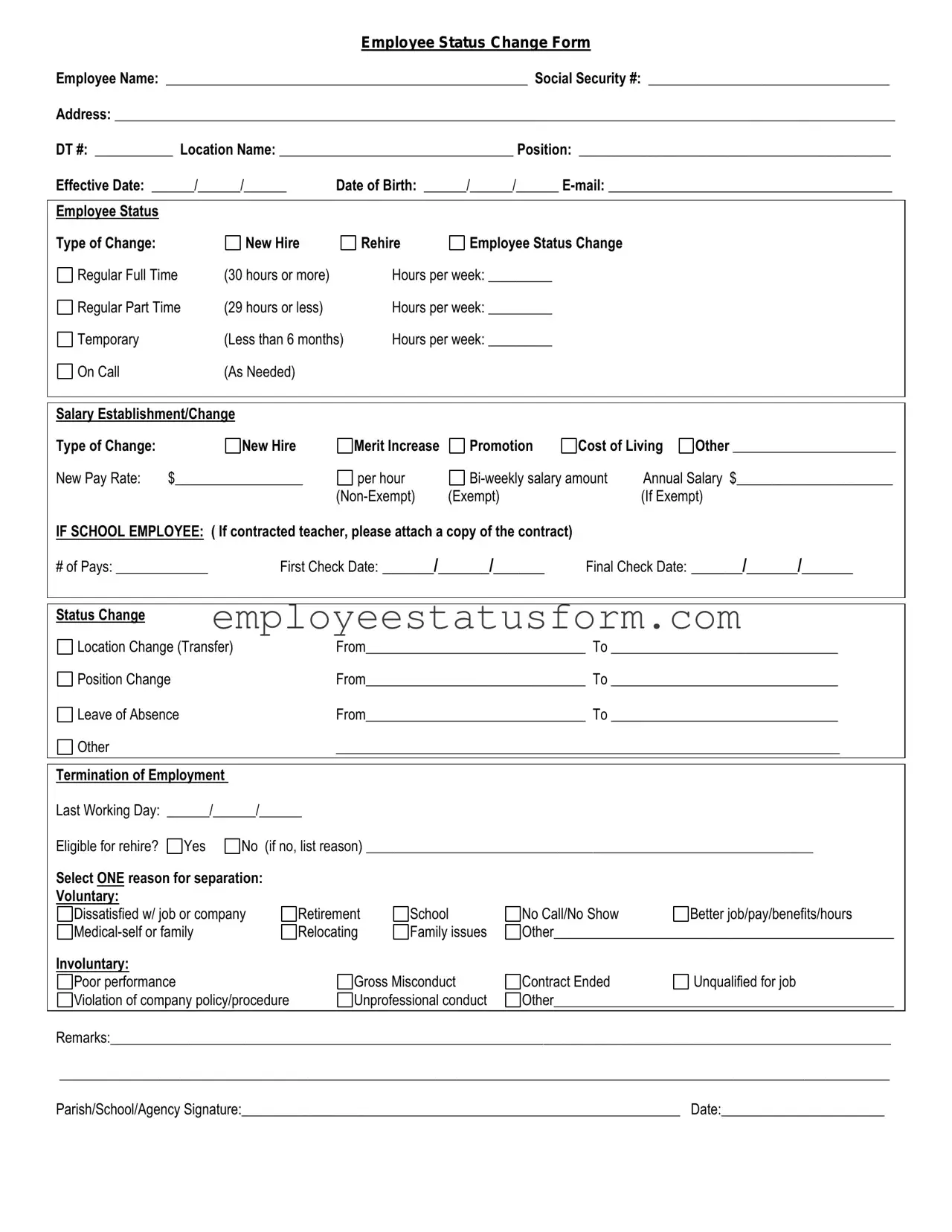 Employee Status Change Form in PDF